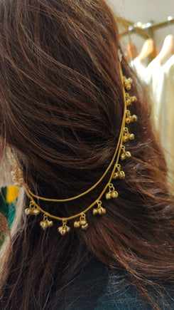Kashmiri Style Golden Earrings with Ghungroo Ear Chain - view 4
