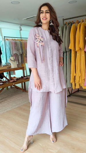 Light Purple Crinkle Cotton Hand Knitted Motif Coord Set