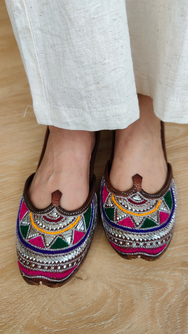 Multi Color Festive Thread & Silver Mukaish Pure Leather Juttis