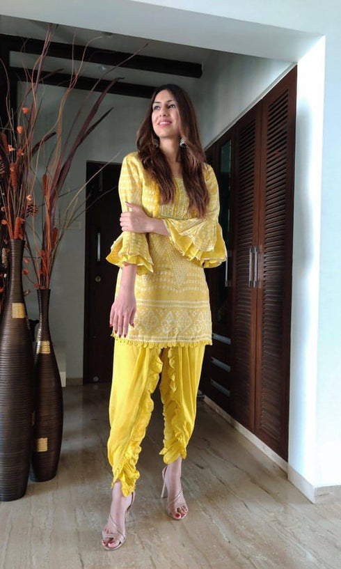 Mustard Bandhini Dhoti Set