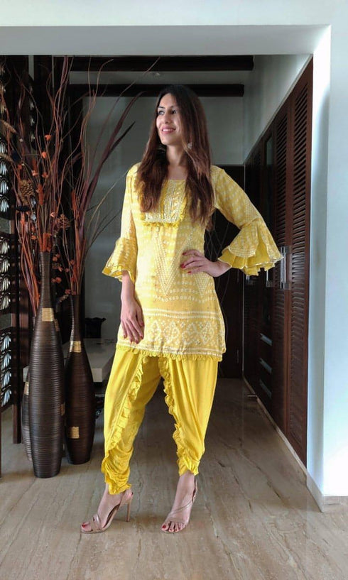 Mustard Bandhini Dhoti Set