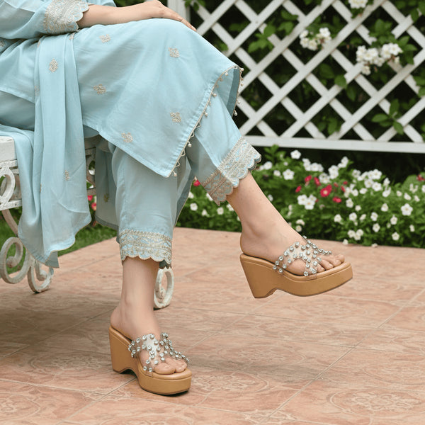 Clear Transparent Studded Tan Wedge Heels