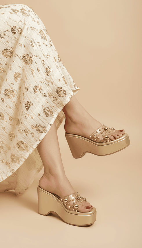 Luxurious Gold Studded Transparent Strap Wedges – Women’s Fashion