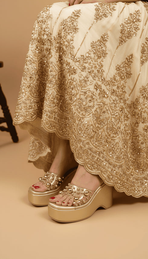 Luxurious Gold Studded Transparent Strap Wedges – Women’s Fashion