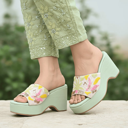 Pistachio Green Hand Embroidered Wedges