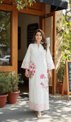 Off White and Pink Rose Kaftan Dress - view 2
