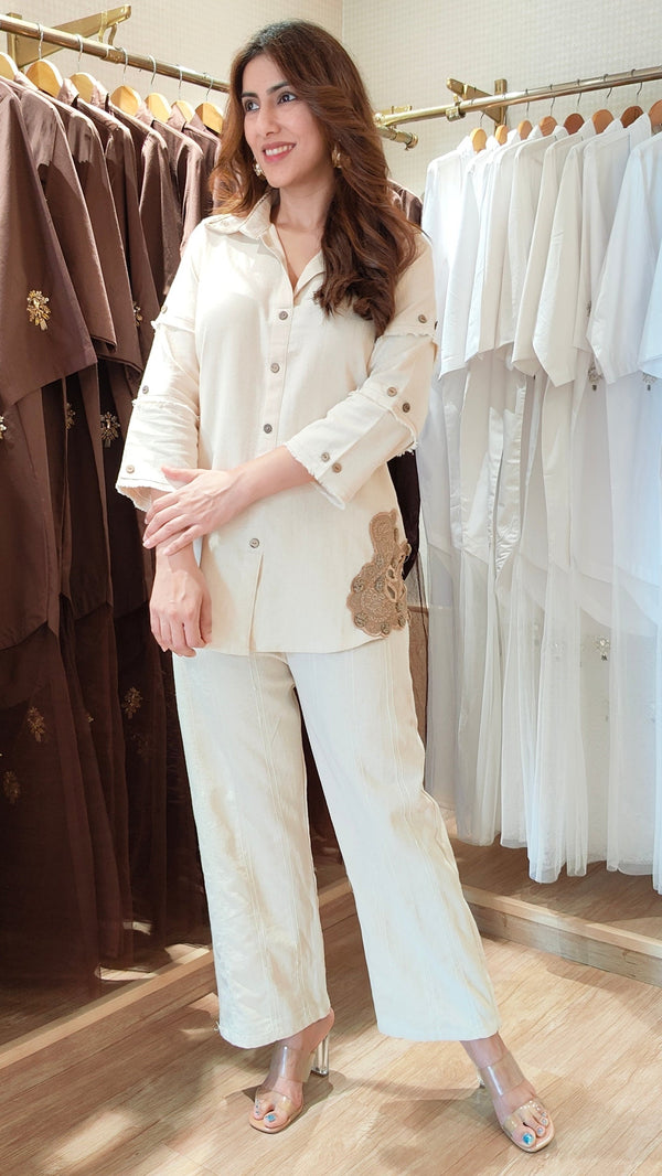 Off White Coord Set with Brown Cutwork and Panel Sleeves