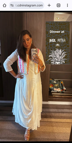 Off White Drape gown with Neon Jacket - DC Mumbai - view 18