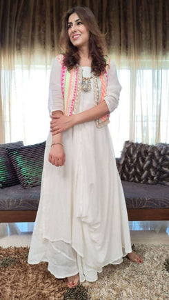 Off White Drape dress with Neon Jacket