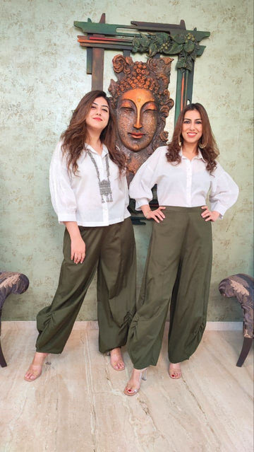 Olive Green Drape Pants With White Puffed Sleeves Shirt