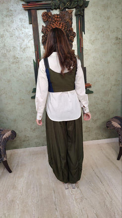 Olive Green Drape Pants With White Puffed Sleeves Shirt - view 7