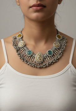 Oxidised Choker with Green & Yellow Stones - view 2