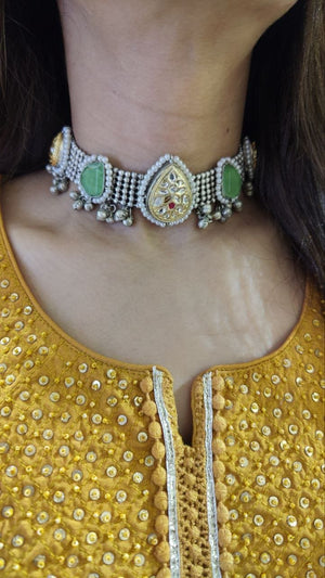 Oxidized Choker Necklace with Green Stones