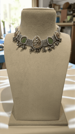Oxidized Choker Necklace with Green Stones - view 2