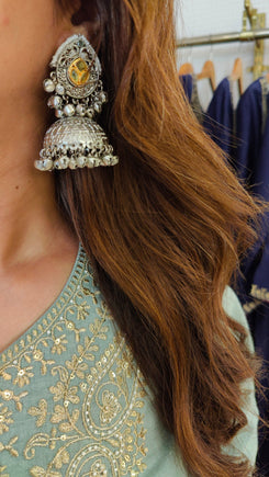 Oxidized Silver Jhumka Earrings - view 2