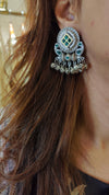 Oxidized Small Silver Earrings with Green Stone