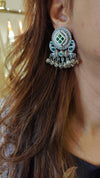 Oxidized Small Silver Earrings with Green Stone - view 2