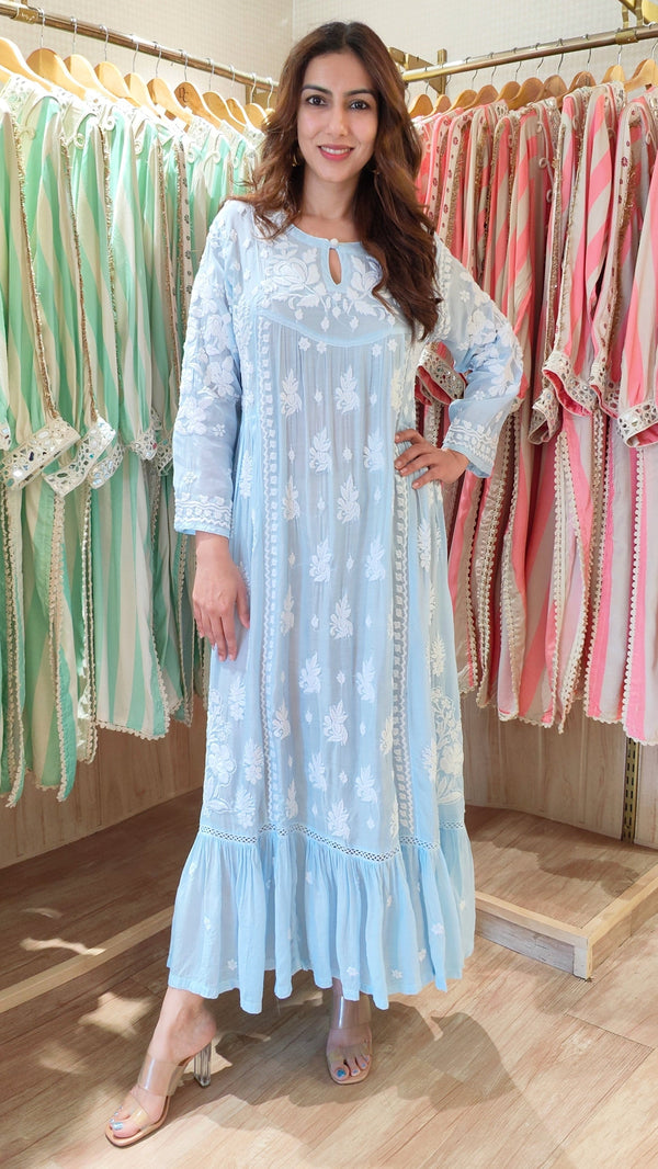 Pastel Blue Embroidered Chikankari Dress with Slip