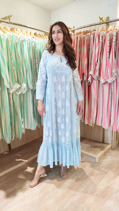 Pastel Blue Embroidered Chikankari Dress with Slip - view 3