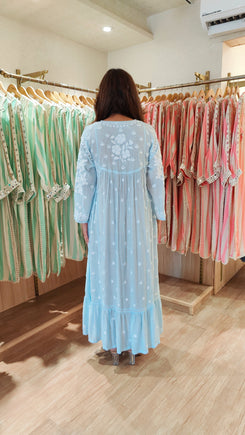 Pastel Blue Embroidered Chikankari Dress with Slip - view 6