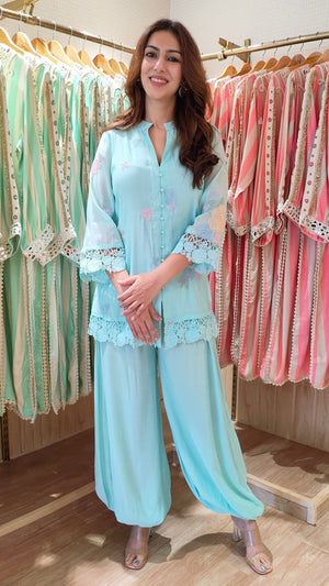 Pastel Blue Short Embroidered Kurta with Balloon Pant