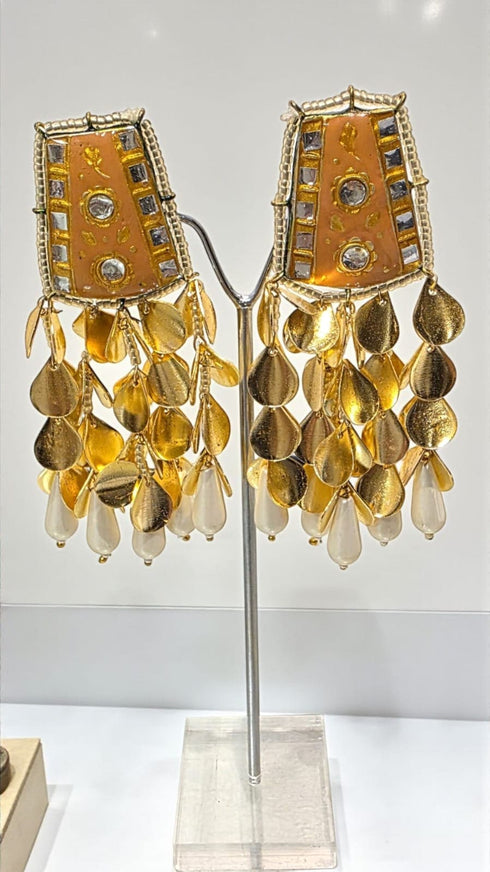 Peach Golden Leaf Dangler Earrings - view 2
