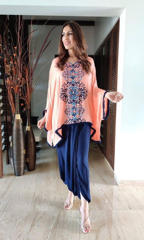 Peach Kaftan with Blue Dhoti