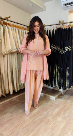 Peach Shimmer Farshi Set with Duppatta - view 6