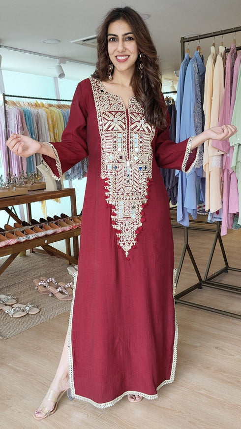 Maroon Long Yoke Kaftan Dress