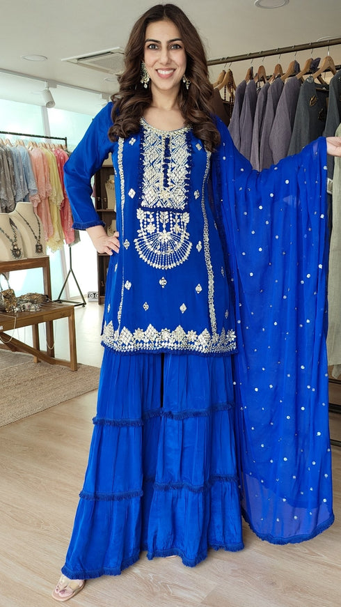 Royal Blue Mirror Embroidered Sharara Set