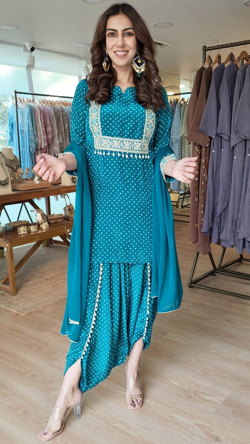 Teal Blue Bandhini Dhoti Set