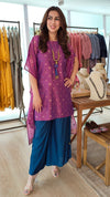 Purple Banarasi Jamdani 4 piece Kaftan Coord Set with Camisole & Neckpiece