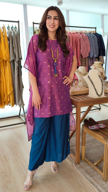 Purple Banarasi Jamdani 4 piece Kaftan Coord Set with Camisole & Neckpiece