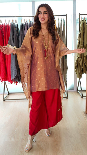 Brown Banarasi Jamdani 4 piece Kaftan Coord Set with Camisole & Neckpiece