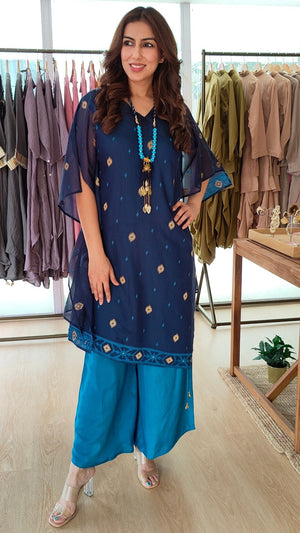 Deep Blue Banarasi Jamdani 4 piece Kaftan Coord Set with Camisole & Neckpiece