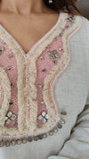 Pink And Offwhite Kurta Set with Embroidered Neckline - view 2