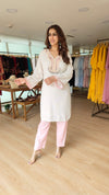 Pink And Offwhite Kurta Set with Embroidered Neckline - view 3
