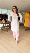 Pink And Offwhite Kurta Set with Embroidered Neckline - view 4