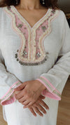 Pink And Offwhite Kurta Set with Embroidered Neckline - view 8
