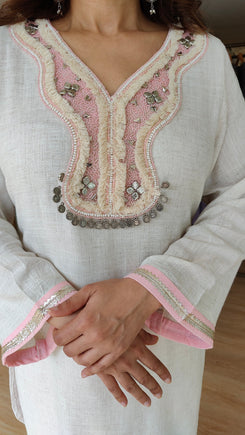 Pink And Offwhite Kurta Set with Embroidered Neckline - view 8