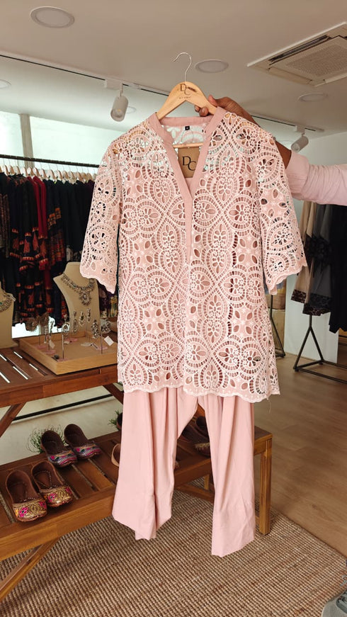 Pink Cutwork Kurta with Farshi and Singlet