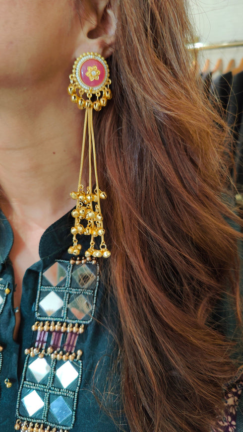 Pink Gold Long Kashmiri Earrings