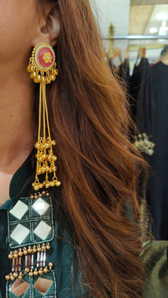 Pink Gold Long Kashmiri Earrings - view 3