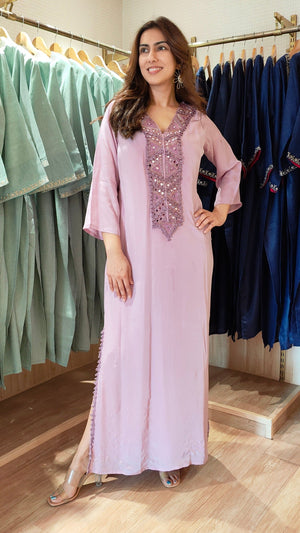 Pink Kaftan Dress with Lavender Embroidery