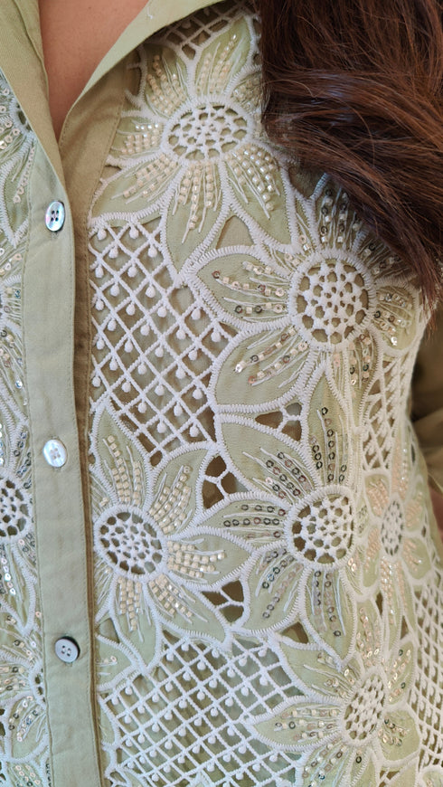 Pista Green Embellished Cutwork Coord Set - view 4