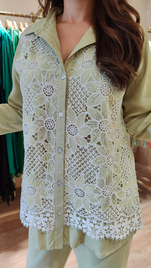 Pista Green Embellished Cutwork Coord Set - view 7