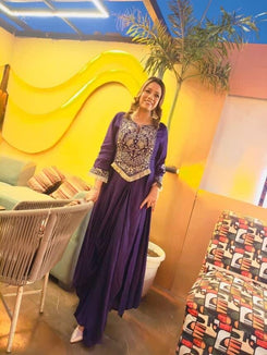 Purple Drape Skirt Set with Embroidered High-Low Top - view 21