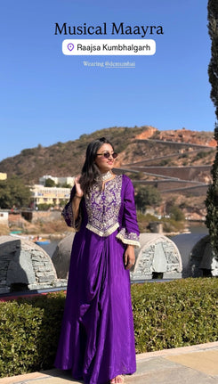 Purple Drape Skirt Set with Embroidered High-Low Top - view 50