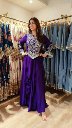Purple Drape Skirt Set with Embroidered High-Low Top - view 6