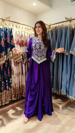 Purple Drape Skirt Set with Embroidered High-Low Top - view 8